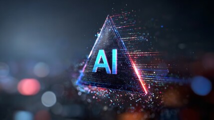 Abstract AI Digital Art Futuristic Triangle Neon Glow Technology Background Red Data Blue Dark City 