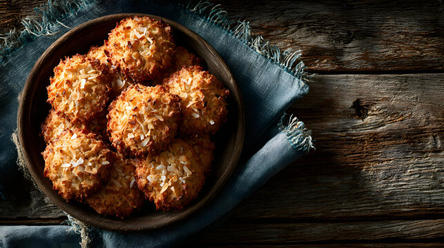 Oatmeal cookies with coconut flakes arranged on a rustic wooden table, featuring golden brown hues and a textured surface in an overhead view.