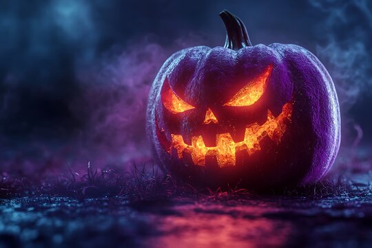 Glowing purple jack o lantern with carved face in dark misty setting halloween pumpkin