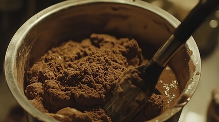 Dark brown powder in a metal bowl, being stirred
