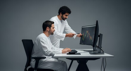Two men in traditional Middle Eastern attire collaborate on a financial analysis using a desktop computer.