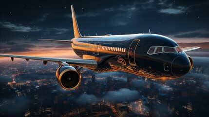 Luxury Private Jet Night Flight Cityscape Aerial View sky dark gold wing tail fast black speed shiny