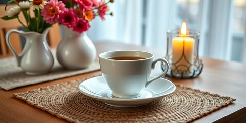 White teacup and saucer on placemat, white vase with flowers, glowing candle Cozy table setting, teacup, morning