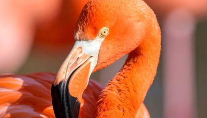 Close-up of a vibrant orange flamingo's head and neck, subtly blurred background