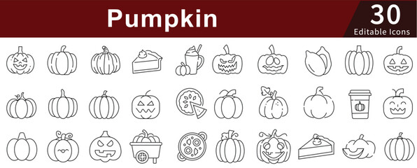 Pumpkin Line Icons Set with Editable Stroke for Halloween, Autumn, Harvest, and Seasonal Decoration