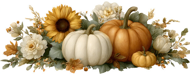illustration watercolor earth tone autumn pumpkins sunflower grass and leaf harvest vintage festival isolated cut out transparent background