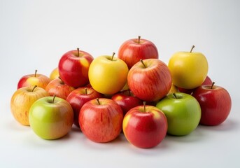 A pile of red yellow and green apples on a white fruit food