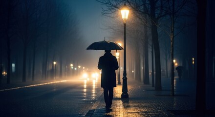 man walking alone in rain at night under a street light with an umbrella