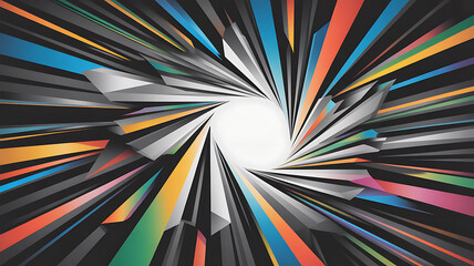A kaleidoscopic vortex of sharp, fragmented lines in black, gray, and vibrant colors, leading to a bright center.