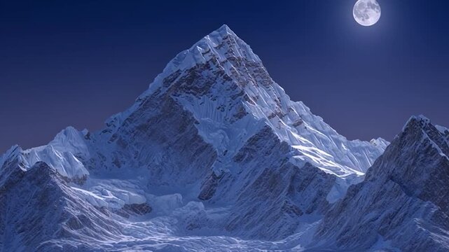 Snow-capped mountain peak bathed in the ethereal glow of a full moon. Ideal for adventure, nature, beauty, tranquility.