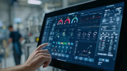 Digital Interface in the Workshop: A focused close-up captures a human hand interacting with a touch-sensitive digital interface displaying intricate data, the person. - Powered by Adobe