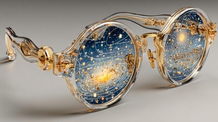 Golden Glasses with Celestial and Galaxy Design on Lenses Elegant Artistic Fashion Accessory