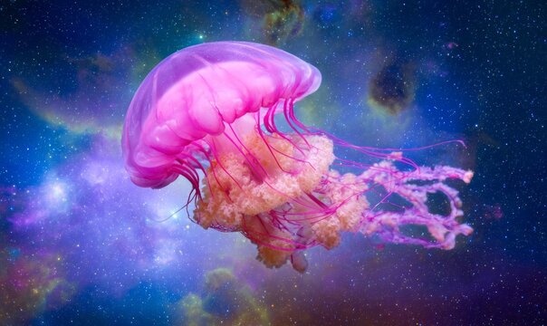 Vibrant Jellyfish Swimming in Cosmic Space Background