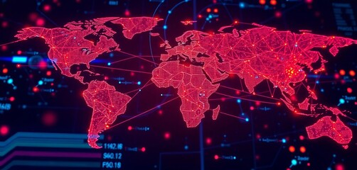 Global network data exchange visualized on digital interface,  server,  coding