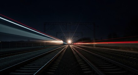 vibrant light trails from high speed trains on railway tracks at dark night