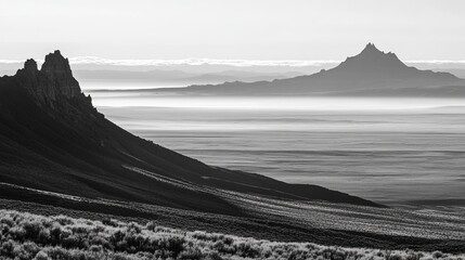 Black and white landscape view of mountains and mist