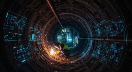 Worker Welding in Futuristic Tunnel with Augmented Reality Blueprints.