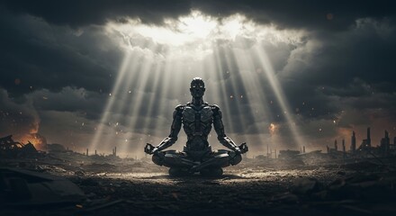 Fototapeta premium Serene Robot Meditating, Amidst Ruins, Seeking Inner Peace
