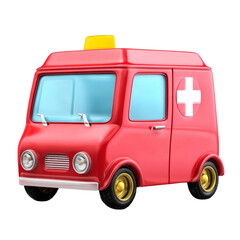 Bright red toy ambulance with blue windows, rescue symbol, and yellow light, isolated on a white background.