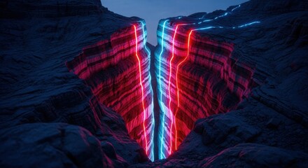 vibrant red and blue neon lights glow within a dark rocky canyon crevice