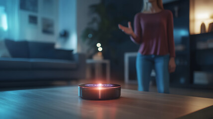 Smart home device with glowing orange light on wooden table