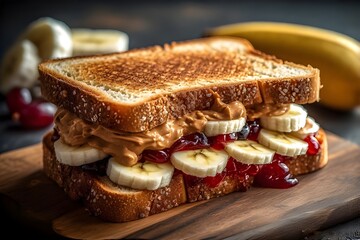 delicious peanut butter, grape jelly, and sliced banana sandwich on a wooden board