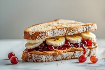 delicious peanut butter, grape jelly, and sliced banana sandwich