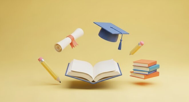 3d render education concept with floating books, graduation cap, diploma, and pencils