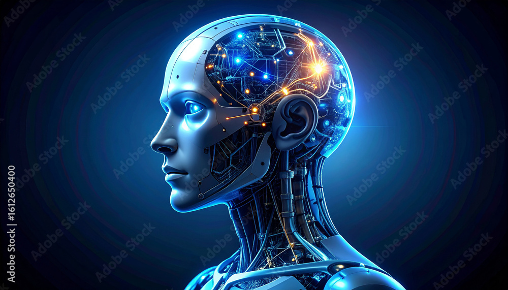 Poster intelligent machine: a detailed side profile showcases a futuristic android, its metallic features h