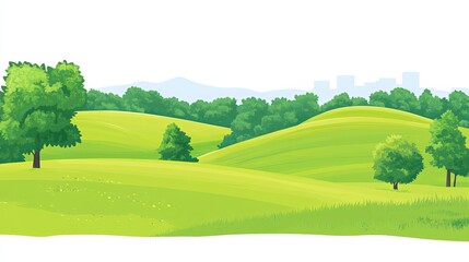 Lush green hills, trees, and distant city