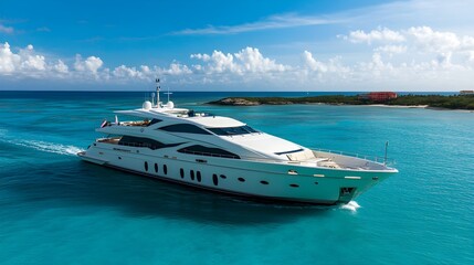 Obraz premium Luxury Yacht Sailing Turquoise Waters Caribbean Island