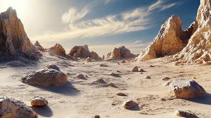 Sunlit, beige desert landscape with sculpted rock formations