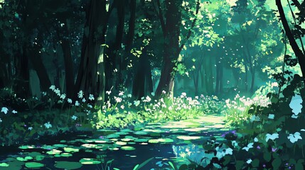Lush forest path with a stream, dappled sunlight
