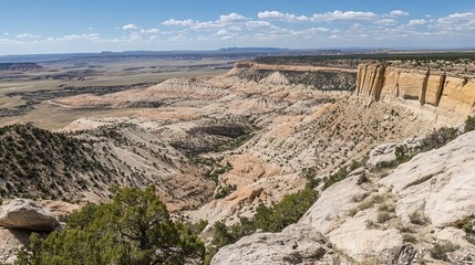 High desert canyon vista, pale sandstone cliffs, distant plains