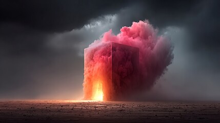 Dramatic Explosive Cloud of Pink and Orange Smoke Emerging From a Cube-shaped Structure in a Dark Stormy Sky