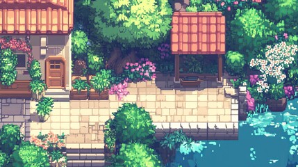 Pixel art garden scene with a terracotta-roofed house