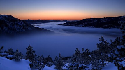 Snowy mountain vista, sunrise through fog