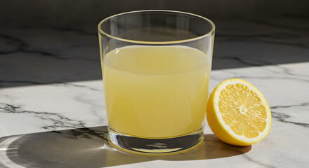  Glass of Iced Lemonade with a Bright Lemon Slice on a Marble Surface, Illuminated by Natural Sunlight and Shadows.