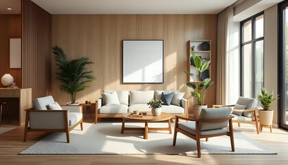 japandi living room with wood wall art, natural tones, modern armchair, round ottoman and sunlight through large window