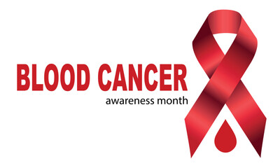 Blood Cancer Awareness Month vector illustration. Red ribbon with blood drop symbolizing support, awareness for leukemia, lymphoma, myeloma, other blood cancers. White background, clean, modern style