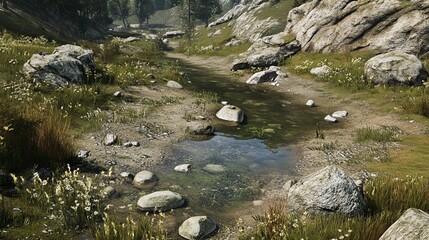 Rocky creek bed, wildflowers, serene valley