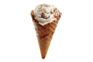 Scholar’s Chip ice cream scoop with crunchy chocolate chip swirls isolated on transparent background PNG cutout for versatile graphic design, dessert menus, food packaging