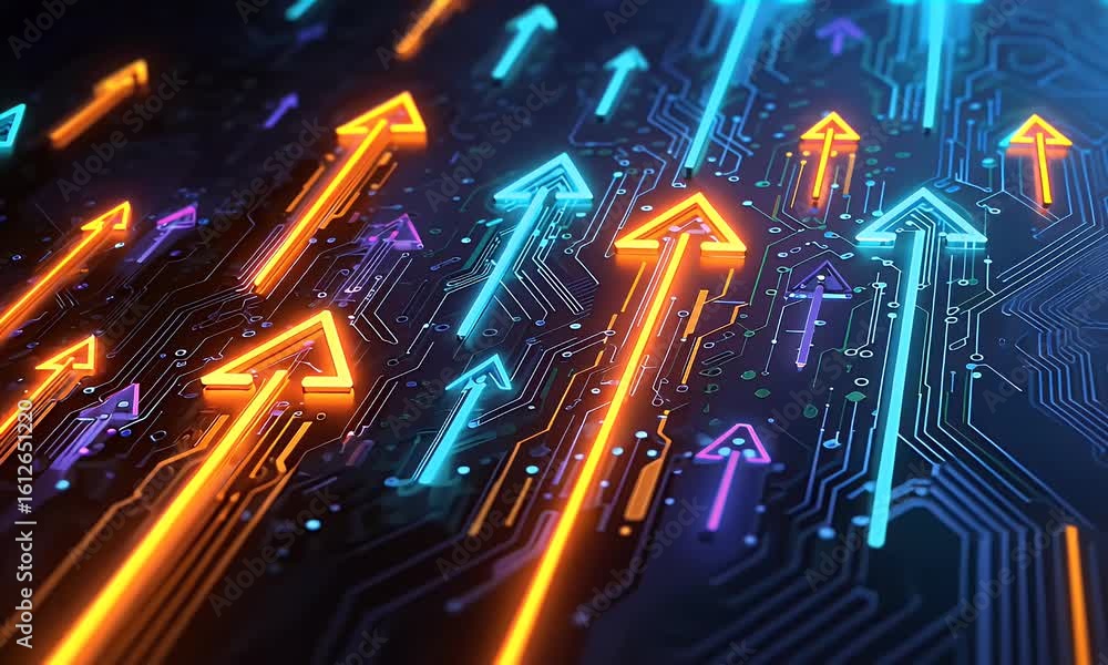 Aufkleber digital background featuring glowing arrows pointing upwards on a circuit board, representing upward