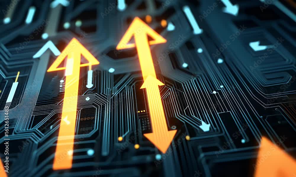Aufkleber digital background featuring glowing arrows pointing upwards on a circuit board, representing upward