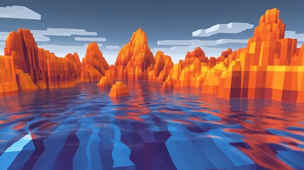 Low-poly landscape of orange mountains by water