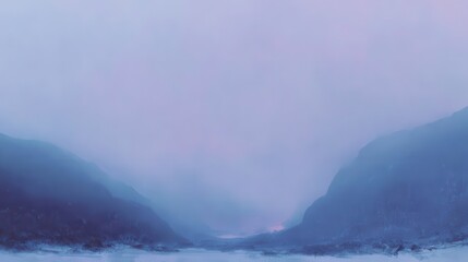 Naklejka premium Misty mountain valley in soft hues of blue.