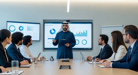A businessman in traditional Middle Eastern attire presents financial data to a diverse group of colleagues during a boardroom meeting.