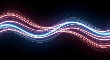 Vibrant blue and red glowing light trails forming intertwined energy waves on a black background. Abstract digital motion concept.