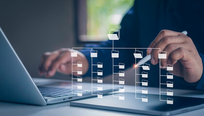 Digital file management system and folder structure, businessman using laptop virtual interface,...