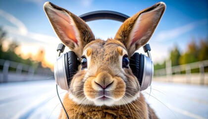 Close-up of a brown rabbit wearing headphones outdoors